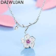 DAIWUJAN Korean Pink Crystal Flower Pendant Necklaces For Women Girl Sweet Cherry Blossoms Chain Necklaces 925 Silver Jewelry 2024 - buy cheap