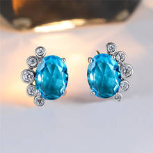 Aqua Blue Birthstone Cute Oval Zircon Stud Earrings For Women Wedding Jewelry Vintage Silver Color Rainbow Crystal Earrings Gift 2024 - buy cheap