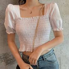 Female Sexy Summer Blouses Top Women Square Collar Sweet Blouse Short Puff Sleeves Cropped Shirts 2024 - buy cheap