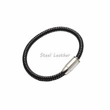 Pulseira de couro masculina com fecho magnético, pulseira clássica fecho prateado preto e aço inoxidável 2024 - compre barato