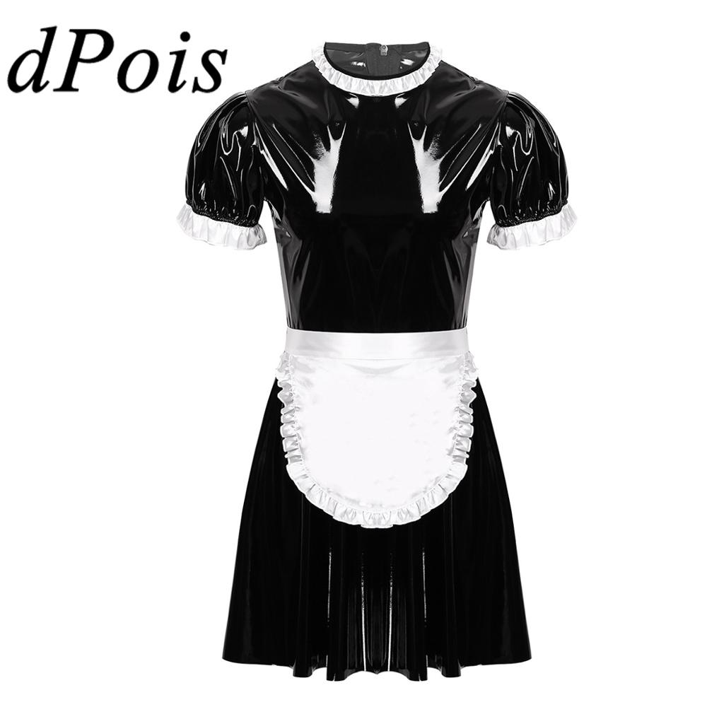 Women Wetlook Leather Maid Apron Dress Bodysuit Cosplay Role Play Party Costume
