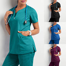 New Stretch V-Neck Scrub Top for Women Solid Short Sleeve T-Shirt Beauty Salon Nurse Uniform with Pocket Care Workers Blouse L*5 2024 - buy cheap