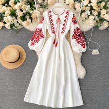 Vestido feminino boêmio bordado de flores, decote redondo, manga lanterna, cintura alta, plissado, vestidos femininos para outono 2024 - compre barato