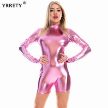 YRRETY Shiny Holographic Women Bodysuit Long Sleeve Turtleneck Wet Look Skinny Playsuits Summer Party Night Club Jumpsuits XXL 2024 - buy cheap