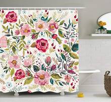 Cortina de chuveiro floral para flores, estilo casual, tema de primavera, com estampas florais, rosas, pontos, folhas, bota, banheiro 2024 - compre barato