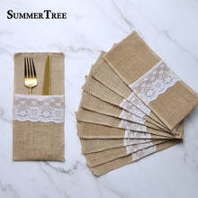 50pcs Burlap Lace Cutlery Pouch Holder Bag Hessian Rustic Jute Accessories Wedding Engagement Tableware Party Table Decoration 2024 - buy cheap
