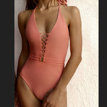 Sexy Bandage Lace Up One Piece Swimsuit women Bathing Suit Halter Swimwear Hollow Out Monokini Bodysuit Beachwear 2020 New 2024 - buy cheap