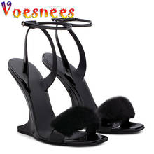 Voesnees 2021 Summer Women Shoes Fashion Mink Fur Wedges Sandals For Women New Sexy No Heel One Word Band High Heels Party Shoes 2024 - buy cheap
