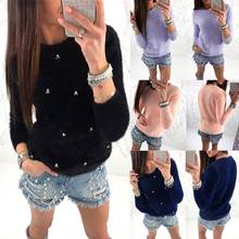 Hot Winter Women Fashion Faux Pearl Beading Solid Color Plush Long Sleeve Pullover Solid Color Warm Polyester Spandex pullover 2024 - buy cheap