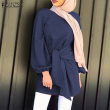 Модные мусульманские топы, Женская Осенняя блузка ZANZEA, повседневные рубашки с длинным рукавом, Женские однотонные рубашки на шнуровке, одежда в исламе 2024 - купить недорого