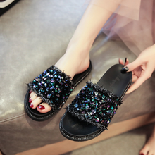 Zapatillas de tela vaquera con lentejuelas de colores para mujer, chanclas de diseñador de moda con muffins brillantes, sandalias con flecos, zapatos de mujer 2024 - compra barato