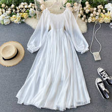 New Women White Dress Spring Summer Puff Long Sleeve Slim A Line Beach Dresses Ladies Elegant Chiffon Long Robe Vestidos Mujer 2024 - buy cheap