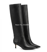 New Black Leather Low Heel Long Boots Women Sexy Pointed Toe Stiletto Heel Knee High Boots Lady Fashion Banquet Shoes Dropship 2024 - buy cheap