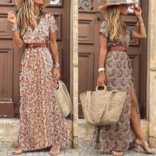 Fashion Boho Dress Long Dress Women Casual V Neck Short Sleeve Retro Print Belt Hem Beach Dresses Elegant Sundress Robe Femme 2024 - buy cheap