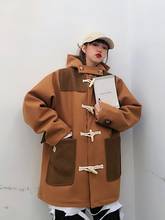 Зимнее новое шерстяное пальто с пряжкой в виде рога коровы, женские корейские свободные куртки средней длины с капюшоном в школьном стиле, хлопковые куртки, пальто 2024 - купить недорого
