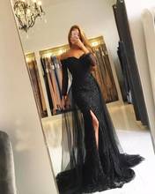 Black Muslim Evening Dresses 2021 Mermaid 3/4 Sleeves Lace Beaded Slit Tulle V-Neck Dubai Kaftan Saudi Arabic Long Evening Gowns 2024 - buy cheap