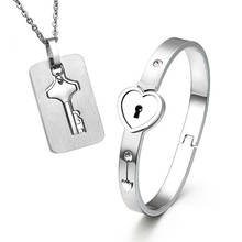 A Couple Jewelry Sets Stainless Steel Love Heart Lock Bracelets Bangles Key Pendant Necklace Couples Free Shipping 2024 - buy cheap