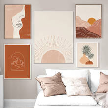 Boho Abstract Landscape Nordic Posters and Prints Beige Gallery Wall Art Canvas Painting Sun Woman Face Line Art Pictures Decor 2024 - buy cheap