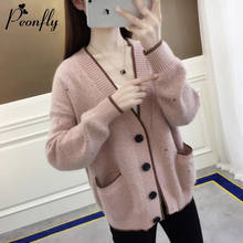 PEONFLY кардиган в Корейском стиле, Женский вязаный свитер с v-образным вырезом, пальто, топы с длинными рукавами, однобортный Повседневный Кардиган в горошек розового цвета 2024 - купить недорого