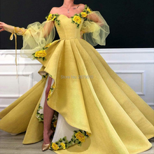 Elegante amarelo fora do ombro a linha vestidos de noite high slit floor-length bordado baile de formatura vestido formal 2020 dubai 2024 - compre barato