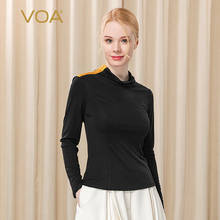 VOA 33m/m Heavy Silk Black Double-sided Knit Pile Collar Gold Woven Stitching Pleated Long-sleeved Shirt  BE256 Womens Tops 2024 - buy cheap