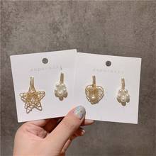 Korea simple geometric hollow metal five-pointed star heart-shaped winding earrings Elegant analog pearl crystal women's jewelry 2024 - buy cheap