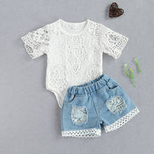 2Pcs Fashionable Baby Girls Outfit Summer Toddler Princess Lace Short Sleeve Hollow Lace Romper+Ripped Denim Shorts Clothes Set 2024 - buy cheap