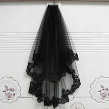 HONGFUYU-velos de boda de pelo negro con apliques de peine, borde de encaje, dos capas, velo de novia corto de tul, accesorios de fiesta de boda 2024 - compra barato