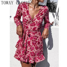 Women Summer Surplice Neck Long Sleeve Floral Print Ruffles Hem Casual Dress 2024 - buy cheap