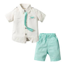 Roupa bonito de menino bebê gravata roupas para crianças macia de algodão branca camisa + verde brilhante shorts traje para crianças meninos 2024 - compre barato