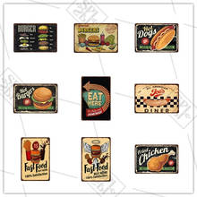 Eat Here Fast Food Restaurant Guide Sign Hamburger Hot Dog Vintage Metal Sign Kitchen Wall Decoration Wall Sticker Tin Plate 2024 - buy cheap