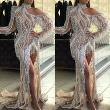 Sexy High Side Split Evening Dresses High Neck Lace Tassel Mermaid Prom Dress Floral Appliques Long Sleeve Robes De Soirée 2024 - buy cheap