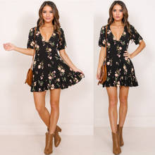 Elegant Women Short Sleeve Wrap Boho Floral Mini Dress Summer Sundress Holiday Party Dresses 2024 - buy cheap