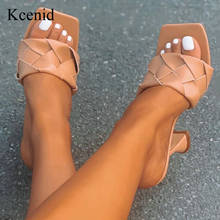Kcenid New Fashion Weave Design Shoes Woman Slippers 2021 Summer Square Toe High Heels Sandals Women Dress Party Shoes Size 42 2024 - buy cheap