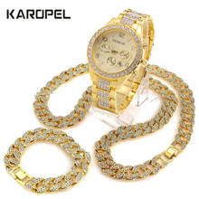 Karopel Gold Color Iced Out Watch 18" Cuban Link Chain Necklace & 8.5" Bracelet Bundle Sets Jewelry 2024 - buy cheap