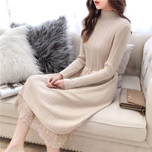 Lace Knitted Women Dresses 2021 Autumn New A-line Lace Patchwork Solid Lady Elegant Party Dresses 2024 - buy cheap