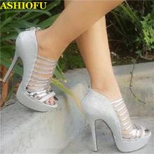 ASHIOFU-Sandalias de tacón alto hechas a mano para mujer, zapatos sexys de fiesta con purpurina y Punta abierta a rayas, sandalias de plataforma para Club nocturno brillante 2024 - compra barato