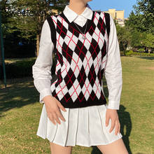 Sweetown argyle xadrez rosa doce camisola de malha colete feminino estilo preppy novas roupas v pescoço casual 90s malhas outono inverno 2024 - compre barato