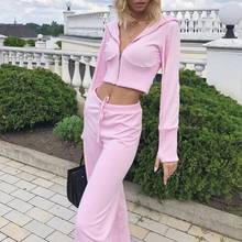 Women 2 Piece Workout Outfit Hooded Zipper Crop Top Coat Drawstring High Waist Long Straight Pants Solid Color Tracksuit 2024 - buy cheap