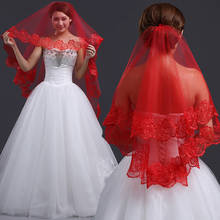 Velo de novia corto blanco de una capa de encaje con borde de flores rojo para mujer 2024 - compra barato