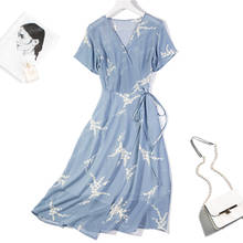 Manga curta de seda 100% pura feminina duas camadas azul floral vestido envoltório longo m l xl jn 2024 - compre barato