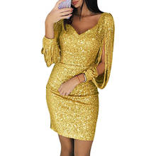 Summer V-neck Sparkle Dress Long Sleeve Slim Mini Sexy Tassel Flash Shiny Yellow Sheath Dresses Party Club Plus Size High Waist 2024 - buy cheap