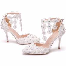 Crystal Queen  Wedding Shoes Female White Drill Rhinestone Ankle Strap Sandals Stiletto Pointed  Bridal High Heels 2024 - buy cheap