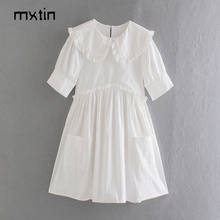 Mini vestido vintage branco com babados, moda feminina 2021, com babados, folgado, gola peter pan, manga bufante, vestidos femininos 2024 - compre barato