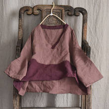 Blusa holgada de lino con cuello en V para mujer, camisa Vintage empalmada, Tops de primavera y verano 2024 - compra barato