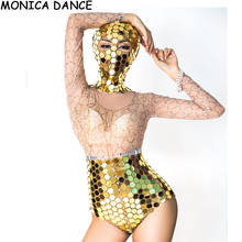 Sexy Stage Gold Mirror Silver Rhinestone Transparent Bodysuit Headdress Women Dancer Prom Wear Birthday Celebrate Bodysuit 2024 - buy cheap