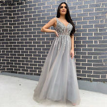 Serene Hill Grey V-Neck Sexy A-Line Tulle Evening Dress 2020 Sleeveless Beading Diamonds Formal Party Gown Design 2020 CLA70168 2024 - compre barato