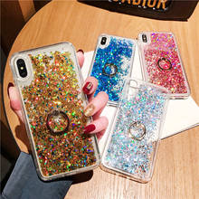 Caixa do telefone de areia movediça para coque iphone x 7 6s 8 plus xs max xr dinâmico glitter lantejoulas com anel de dedo kickstand capa casos 2024 - compre barato