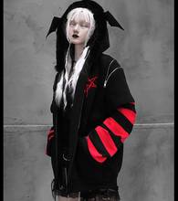 Ruibbit Dark Black Jackets Spring Hooded Women Gothic Red Stripe Sleeve Bat Anime Print Embroidery Coat Punk Loose Coat 2024 - buy cheap