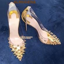 ALMUDENA-zapatos de tacón dorado con remaches de PVC transparentes, calzado de boda con tachuelas y Punta puntiaguda, 12cm y 10cm 2024 - compra barato